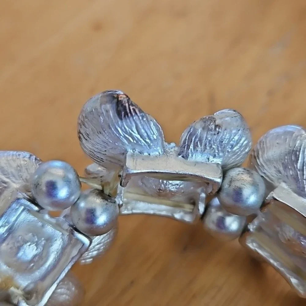 Floral Rhinestone Statement Bracelet Silver Crystal Flex‎ Bangle Bridal Prom